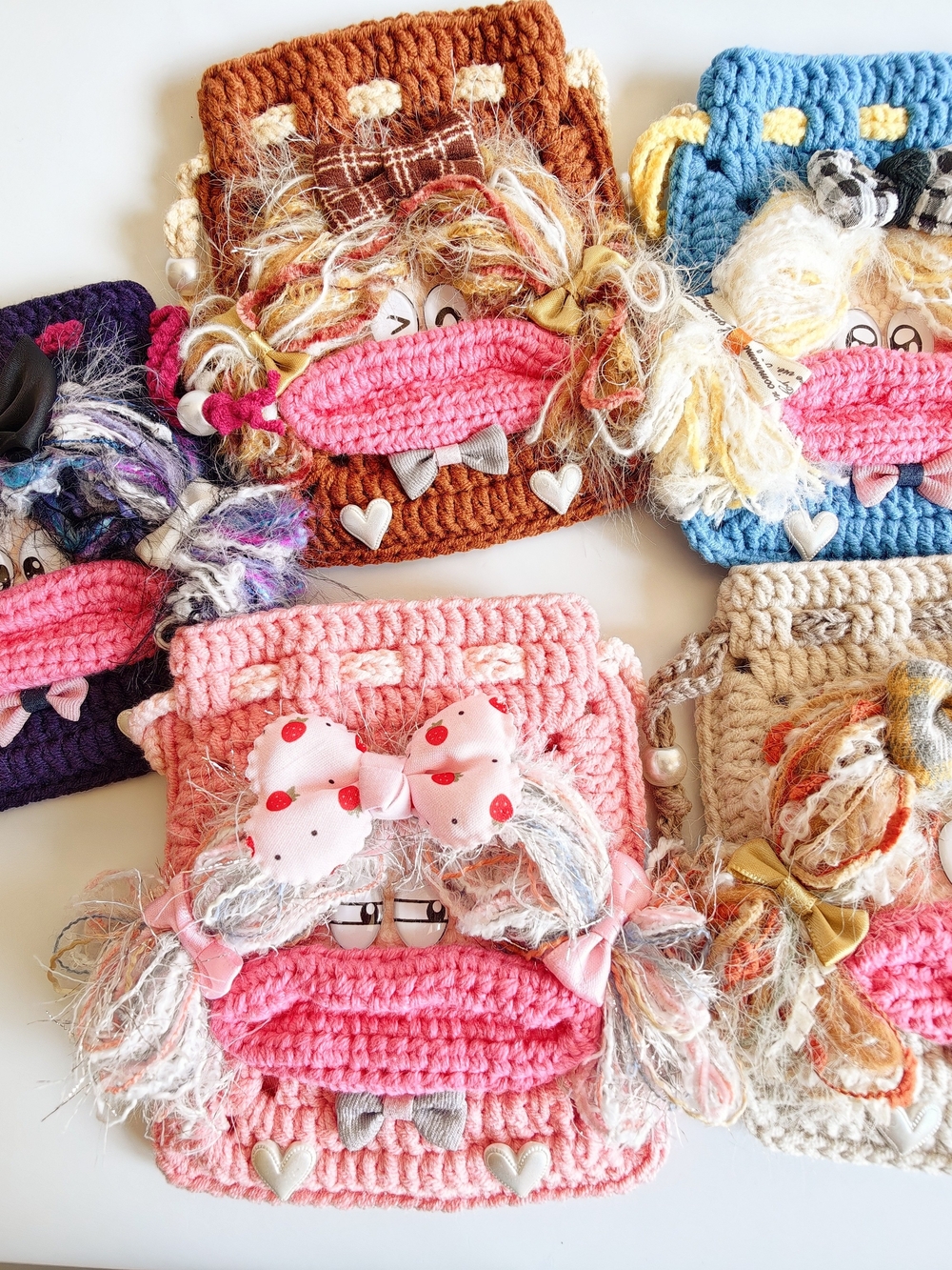 Handmade Crochet Big Lips Girl Mini Drawstring Bag Cute Fluffy Yarn  Purse